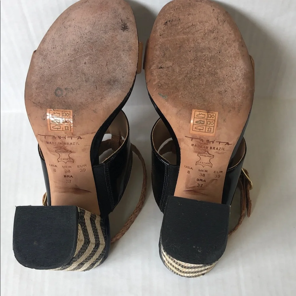 Tabita Brazil Patent leather Block Heel Sandals Black and Tan Size 8